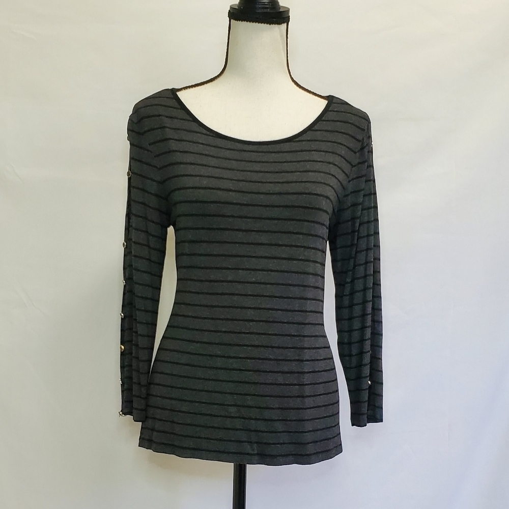 Cable & Gauge Button Slit Long Sleeve Striped Round Neck Top